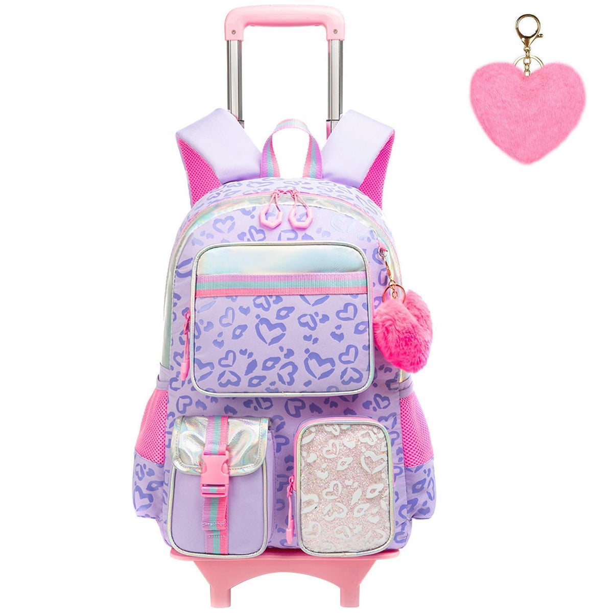 Schulranzen mit Rollen für Mädchen – Lila Herz Trolley Rucksack