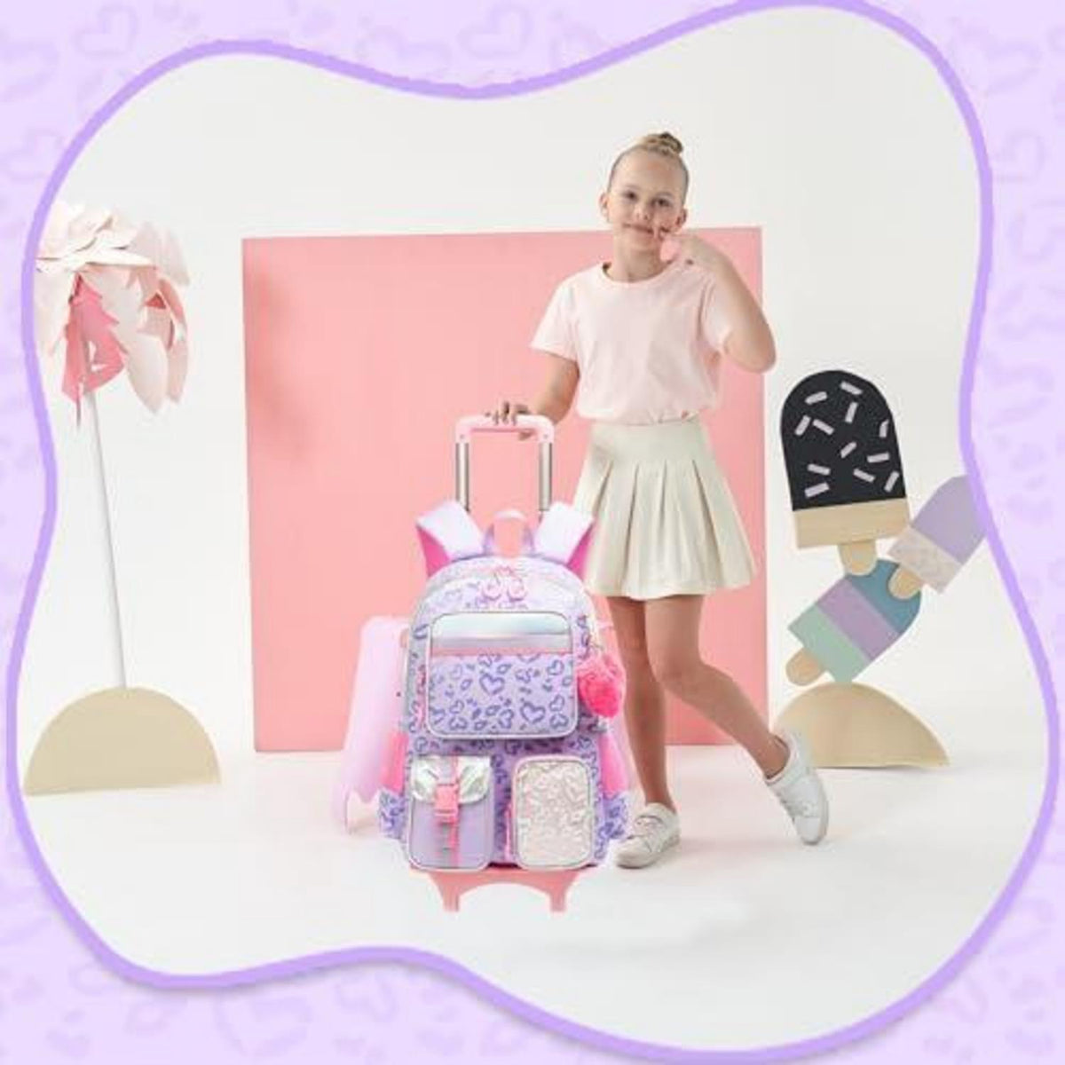 Schulranzen mit Rollen für Mädchen – Lila Herz Trolley Rucksack