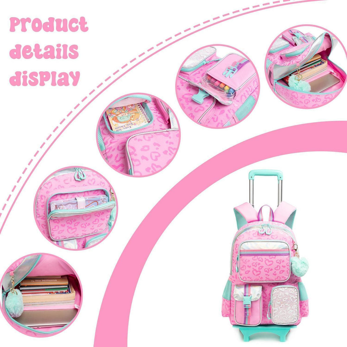 Schulranzen mit Rollen für Mädchen – Rosa Herz Trolley Rucksack