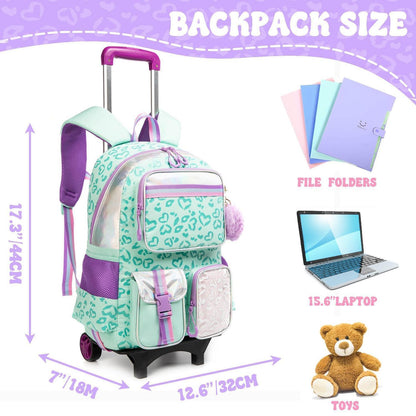 Kinder Trolley Rucksack mit Rollen – Grüner Schulrucksack für Mädchen