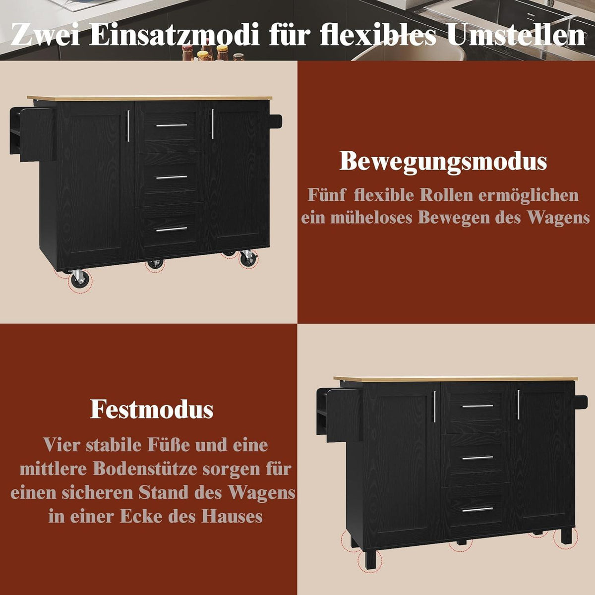 Klappbarer Küchenwagen mit Schubladen & verstellbarer Arbeitsplatte