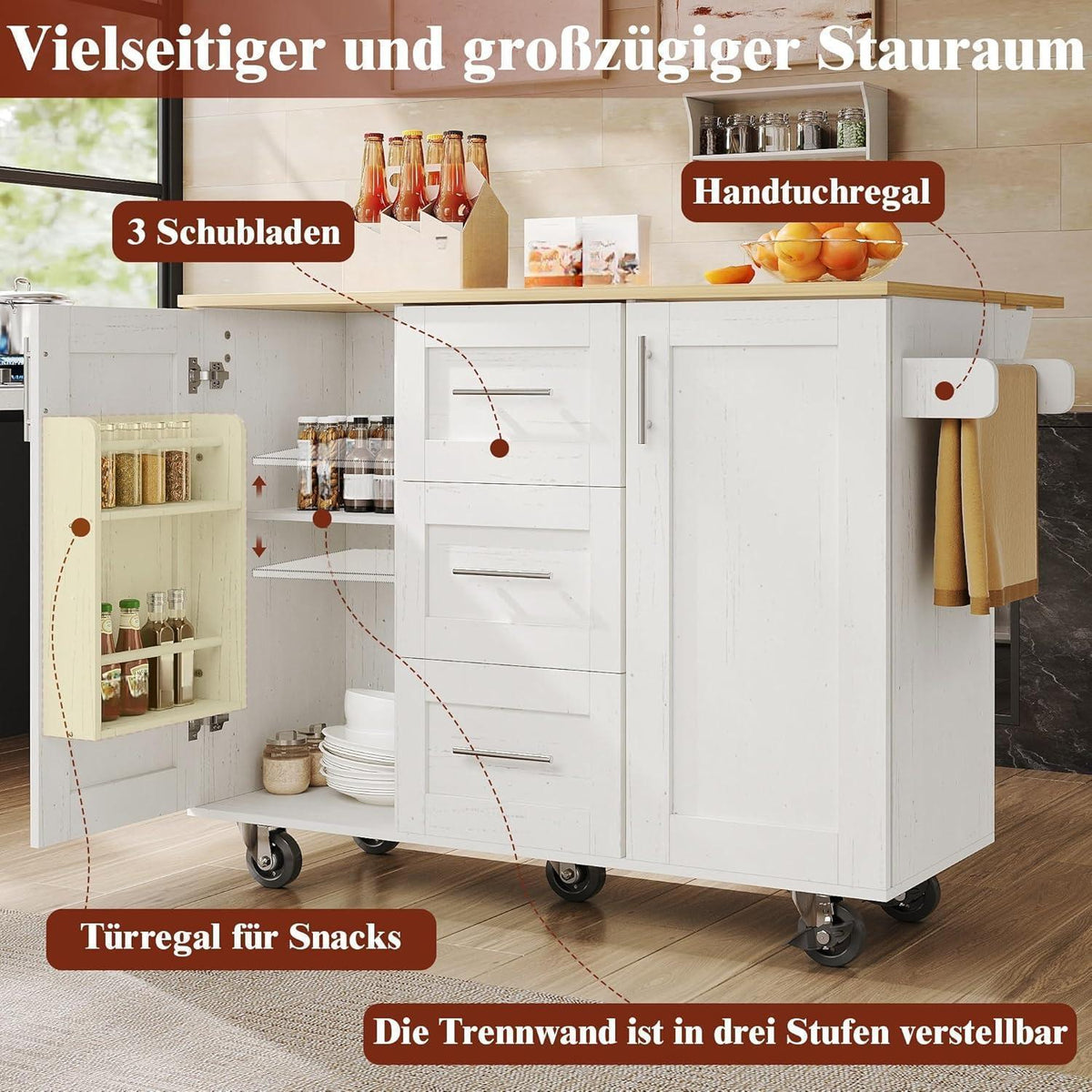 Klappbarer Küchenwagen mit Schubladen & verstellbarer Arbeitsplatte