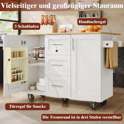Klappbarer Küchenwagen mit Schubladen & verstellbarer Arbeitsplatte