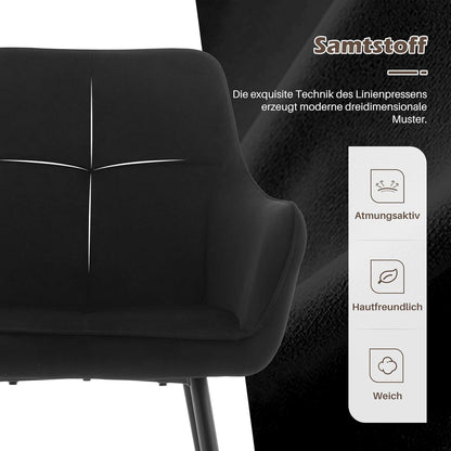 Esszimmerstühle Set 6 Schwarz Samt mit Armlehne