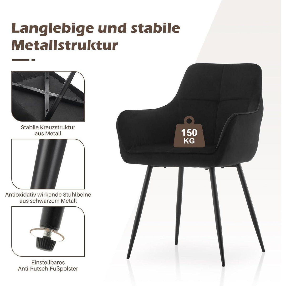 Esszimmerstühle Set 6 Schwarz Samt mit Armlehne