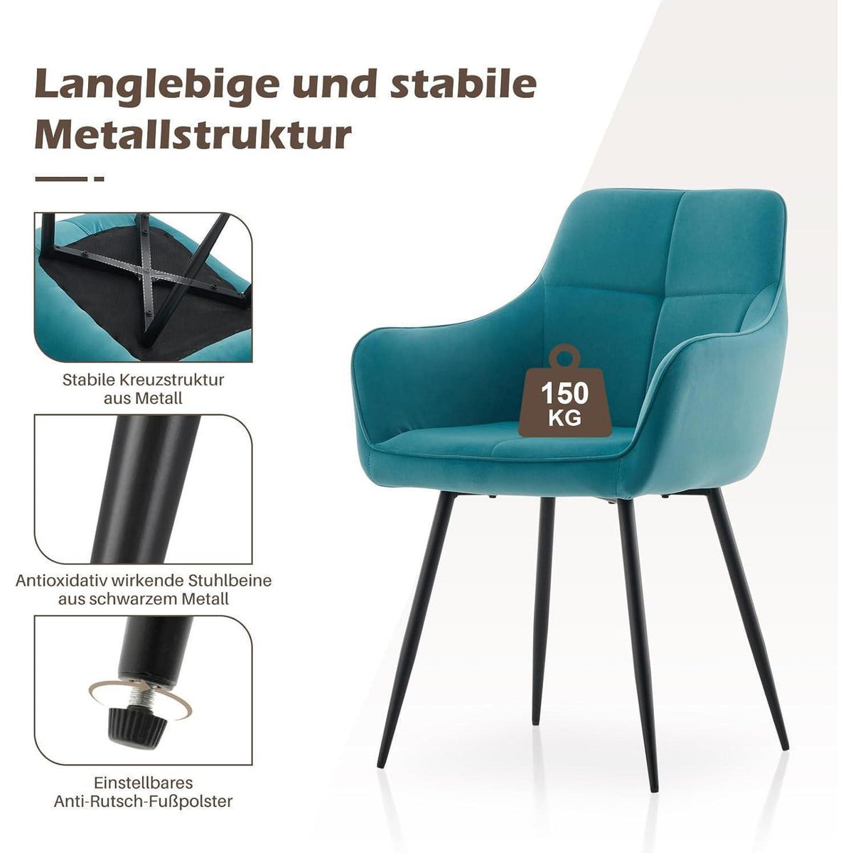 Türkis Samt Esszimmerstühle 2er-Set mit Armlehne