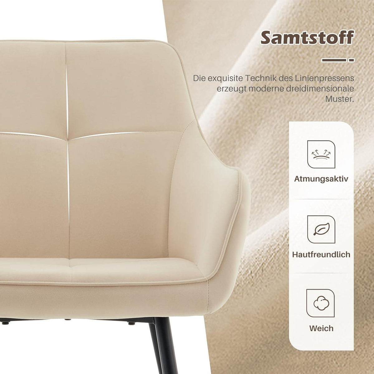 Beige Samt Esszimmerstühle 2er Set mit Armlehne