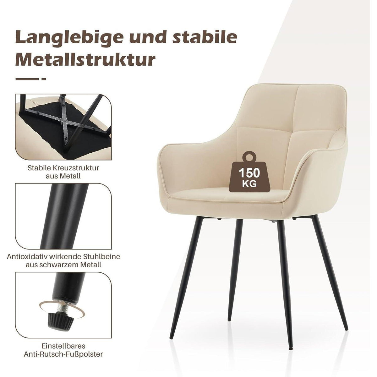 Beige Samt Esszimmerstühle 2er Set mit Armlehne