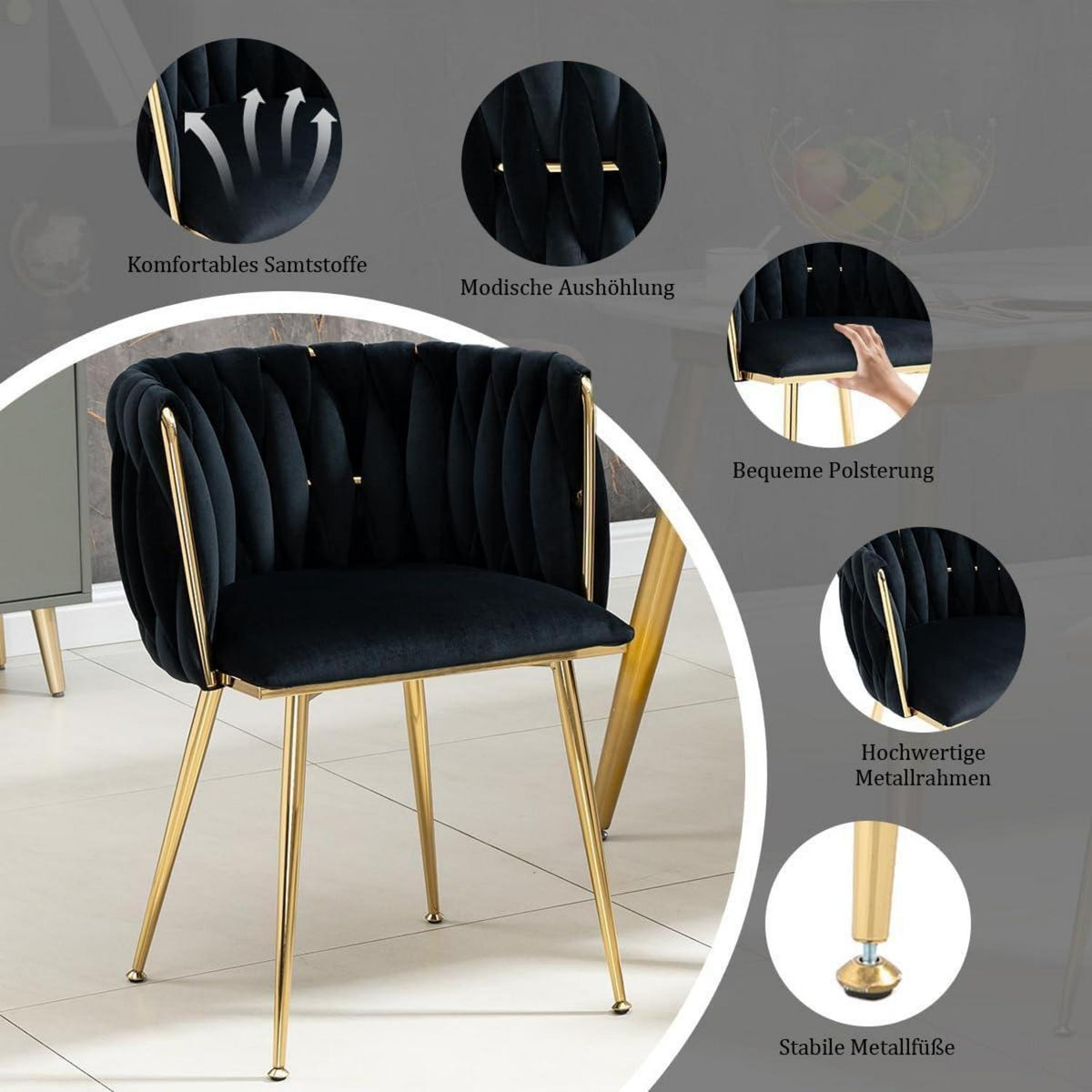 Samt Esszimmerstühle 2er Set mit goldenen Beinen