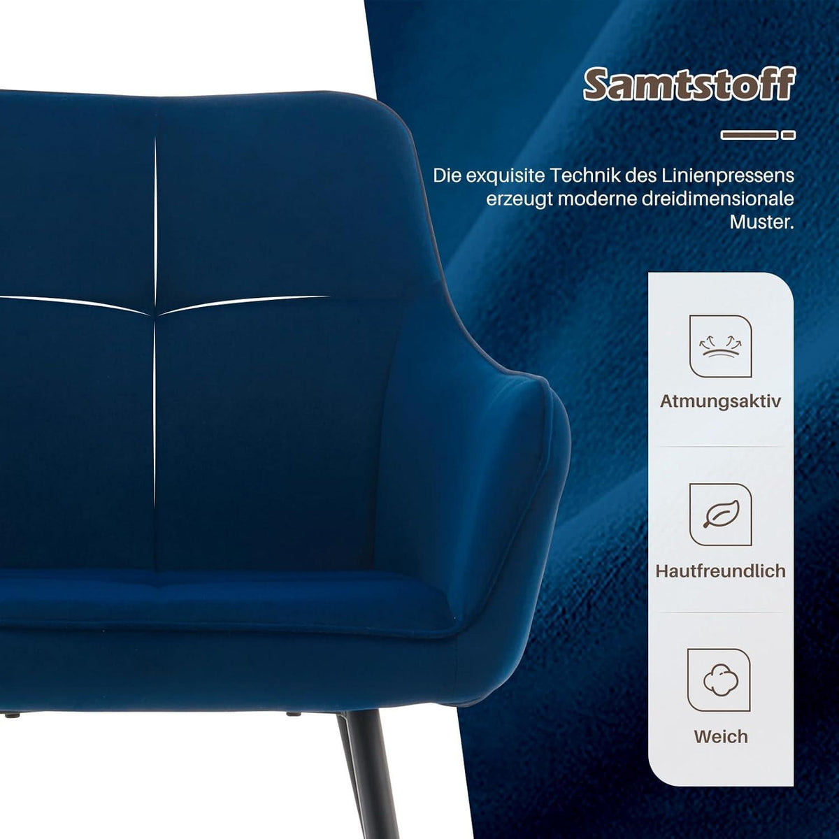 Blau Samt Esszimmerstühle 6er Set mit Armlehne