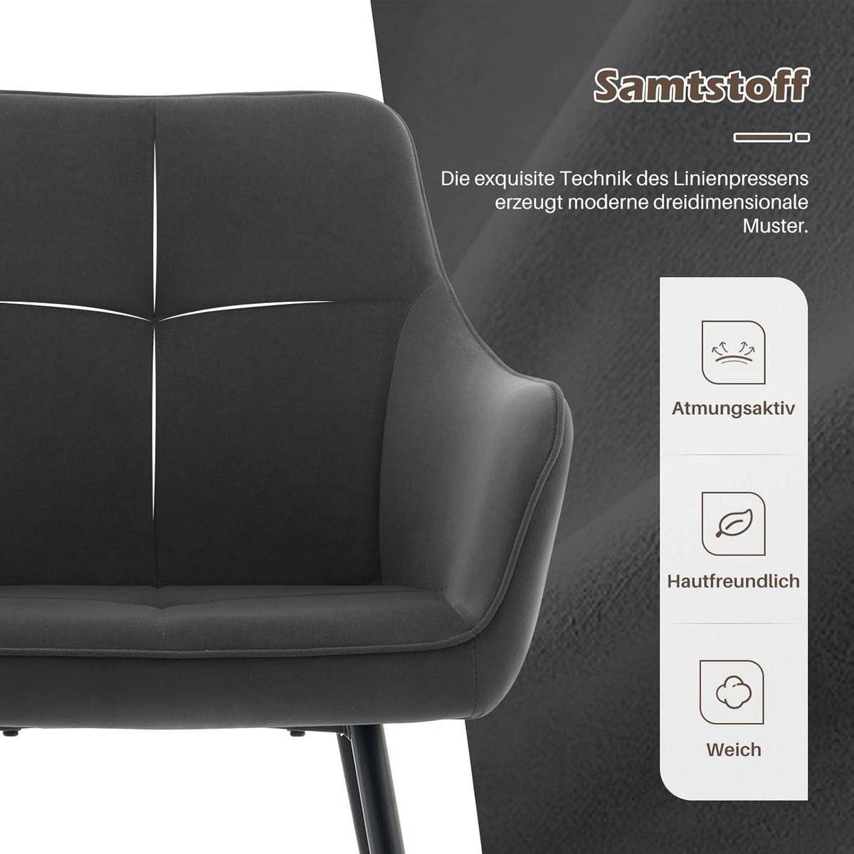 Graue Samt Esszimmerstühle 4er-Set mit Armlehnen & Metallgestell
