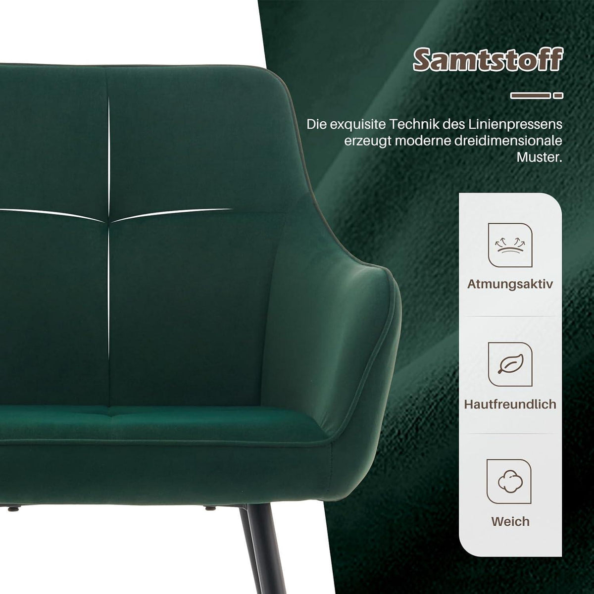 Samt Esszimmerstühle 6er Set mit Armlehnen, Grün