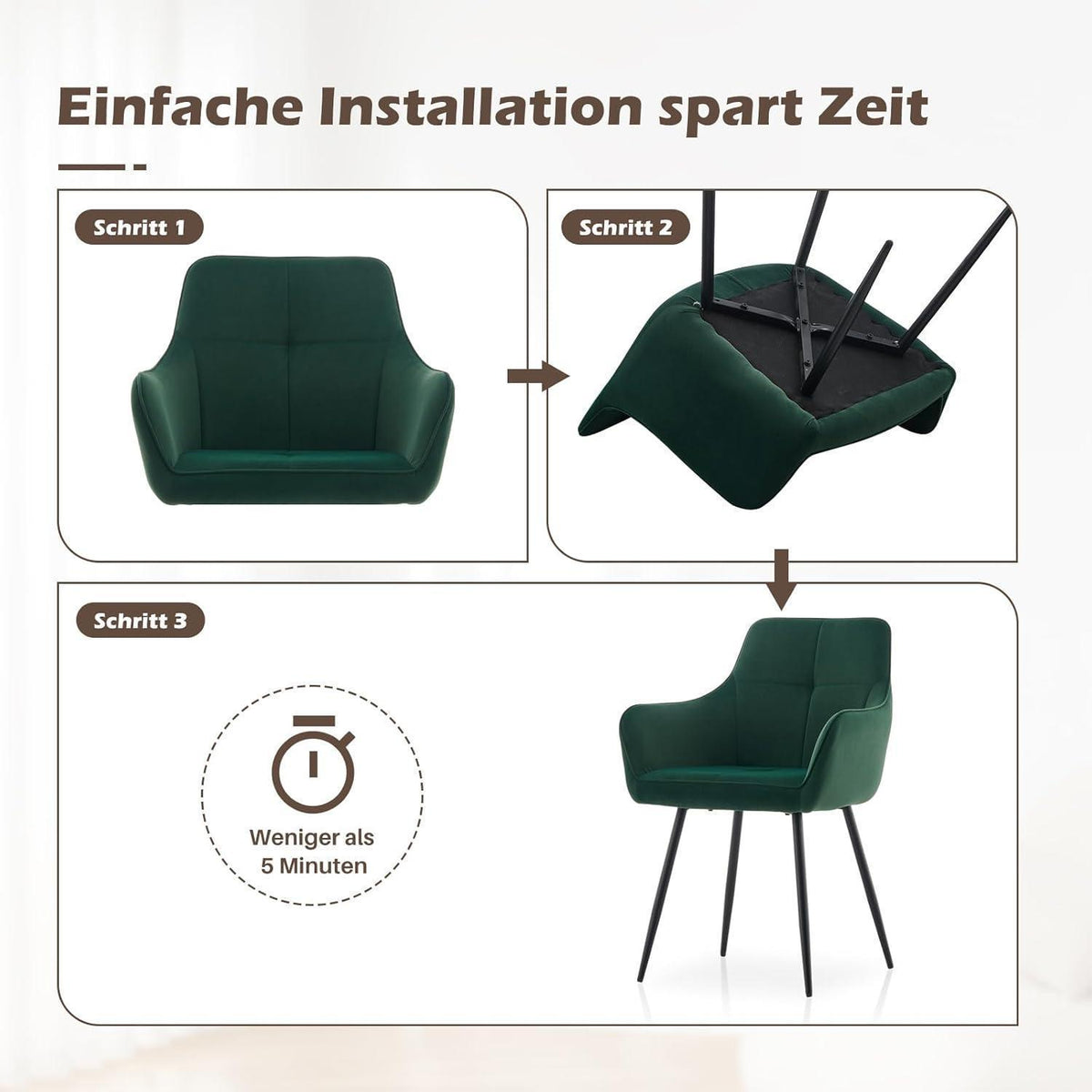 Samt Esszimmerstühle 6er Set mit Armlehnen, Grün