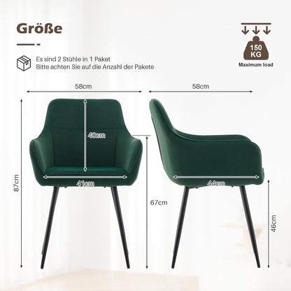 Samt Esszimmerstühle 2er Set mit Armlehnen, Grün