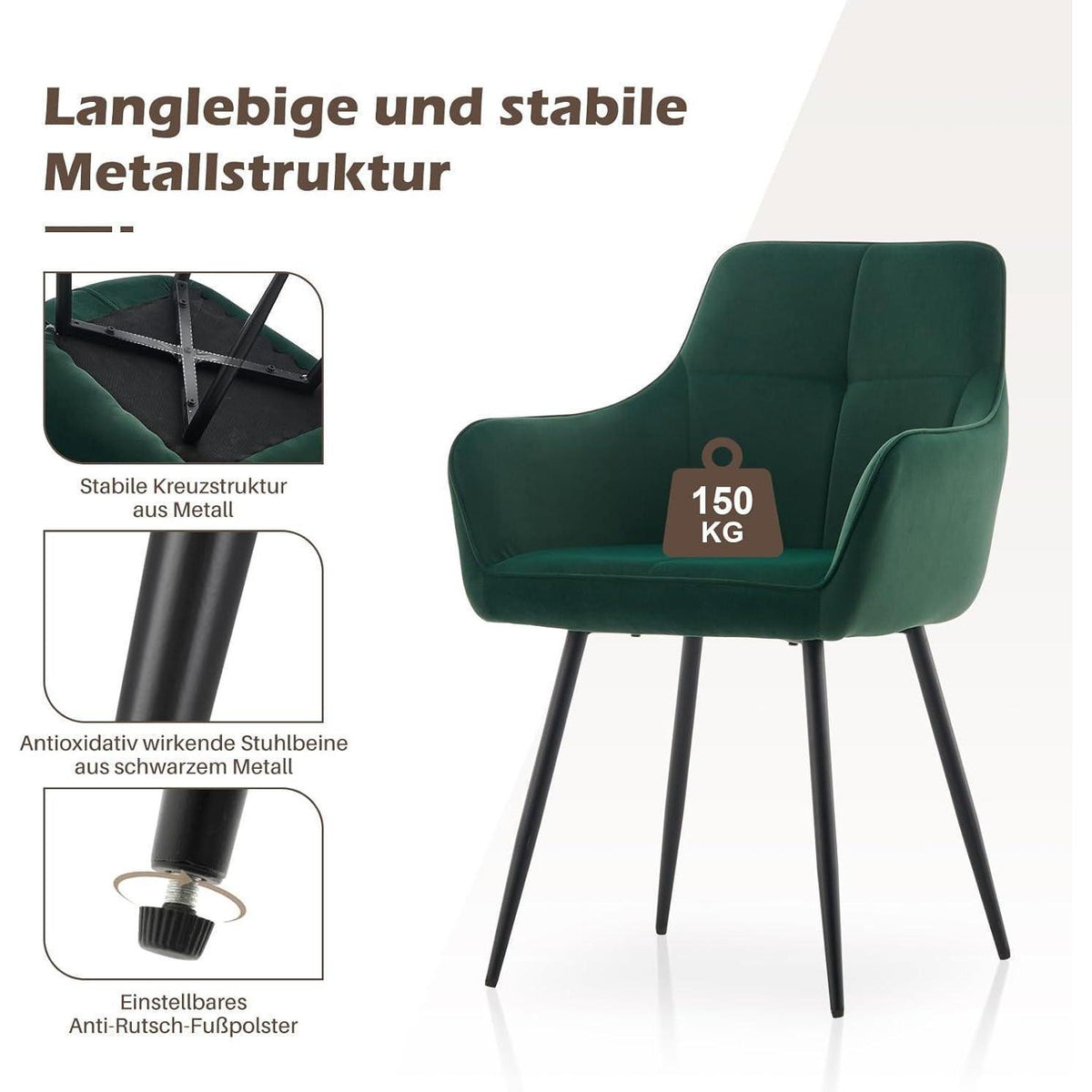 Samt Esszimmerstühle 2er Set mit Armlehnen, Grün