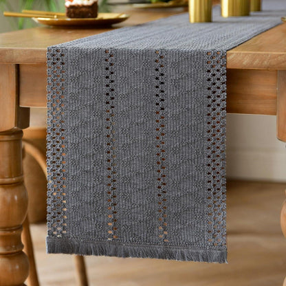 Tischläufer Makramee Grau mit Quasten – Boho Baumwolle Leinen 30x140 cm