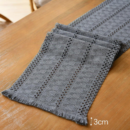 Tischläufer Makramee Grau mit Quasten – Boho Baumwolle Leinen 30x140 cm