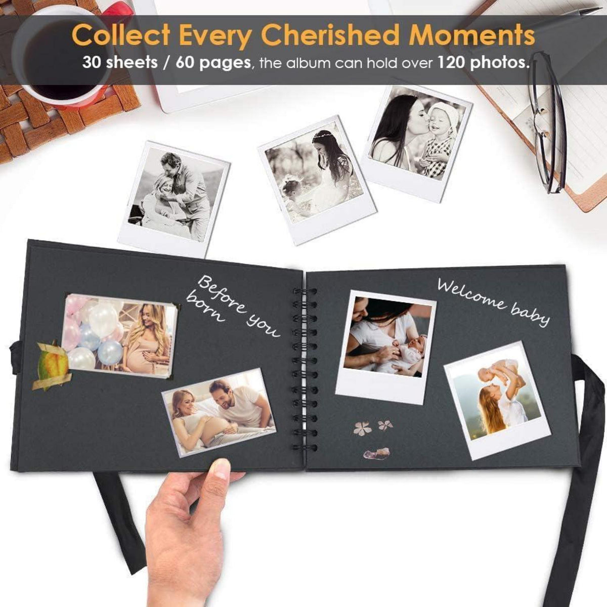 DIY Fotoalbum Schwarz 60 Seiten zum Selbstgestalten 24x17 cm