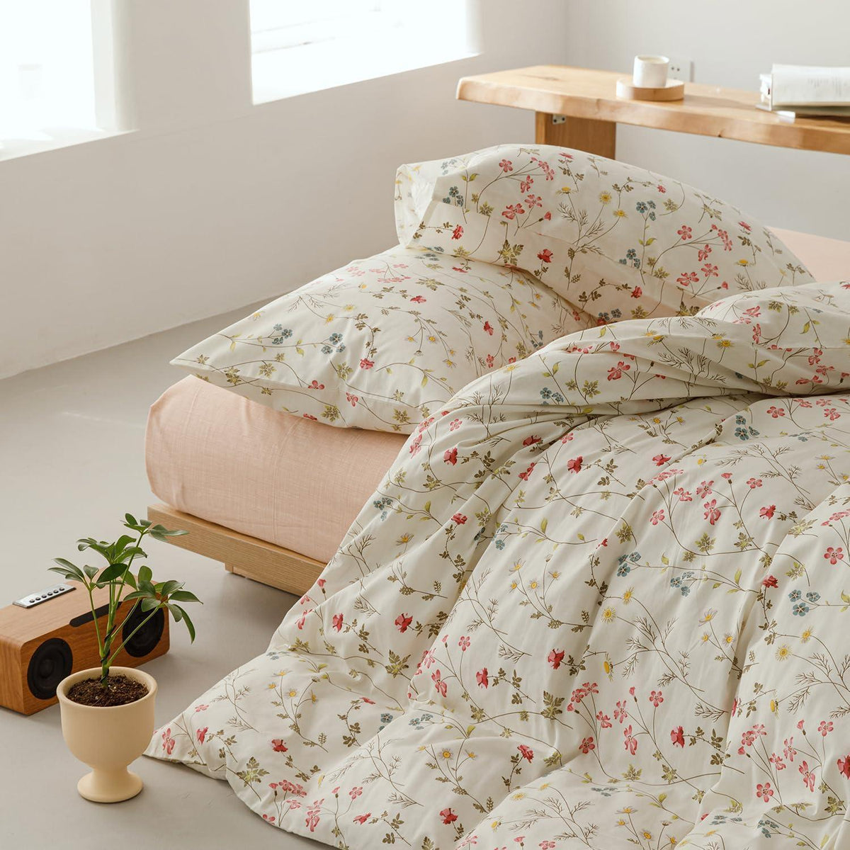 Blumen Bettwäsche Set 200x200 cm Baumwolle Beige 3tlg.
