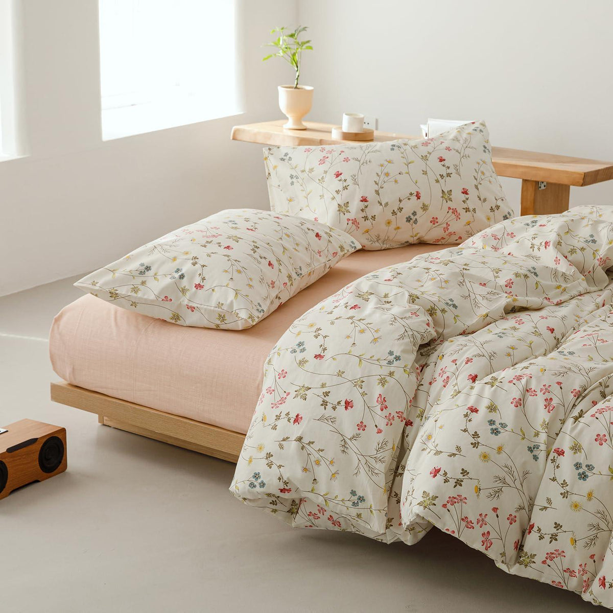 Blumen Bettwäsche Set 200x200 cm Baumwolle Beige 3tlg.