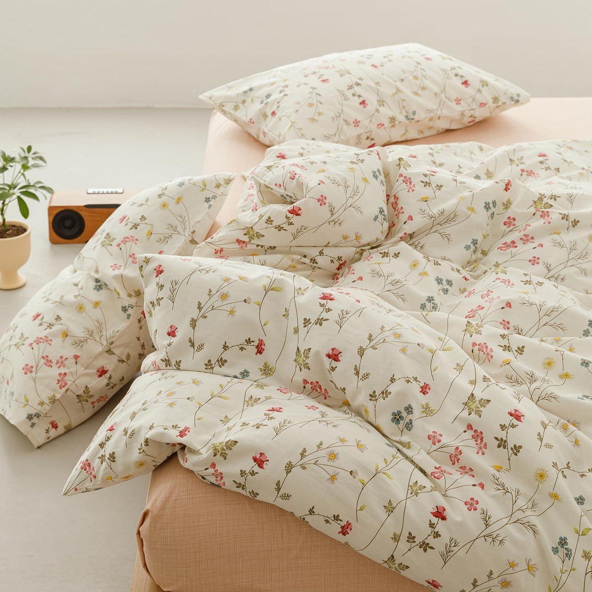 Blumen Bettwäsche Set 200x200 cm Baumwolle Beige 3tlg.