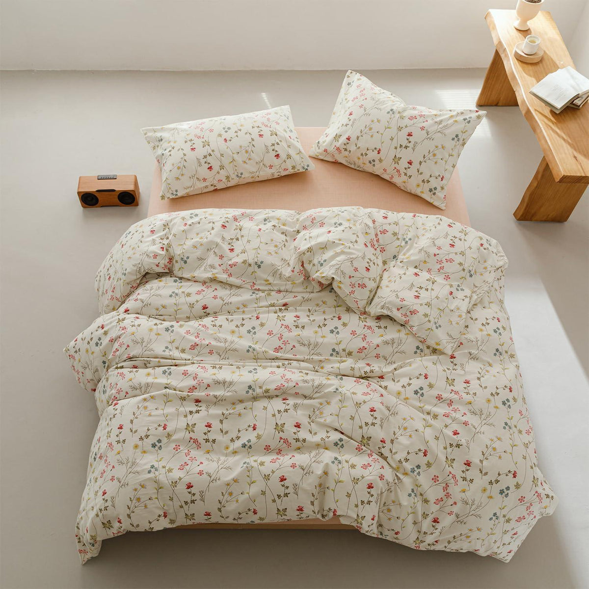 Blumen Bettwäsche Set 200x200 cm Baumwolle Beige 3tlg.