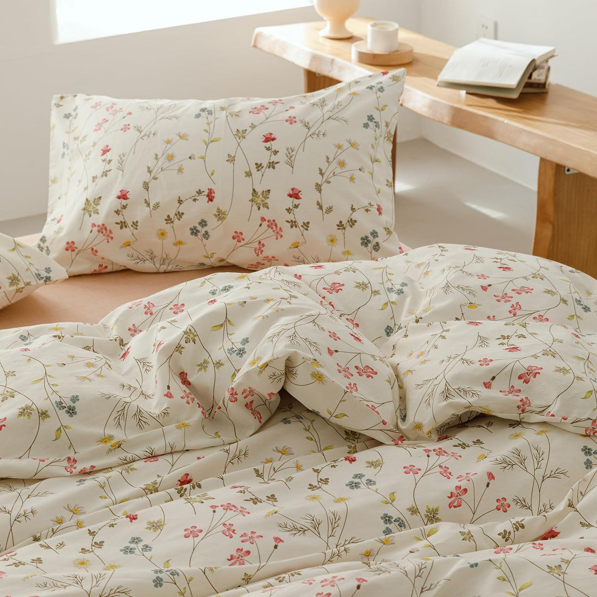 Blumen Bettwäsche Set 220x240 cm Beige Baumwolle 3tlg.