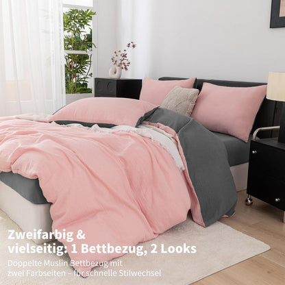 Doppelte Muslin Bettwäsche 155x220 Rosa Grau – 3-teilig