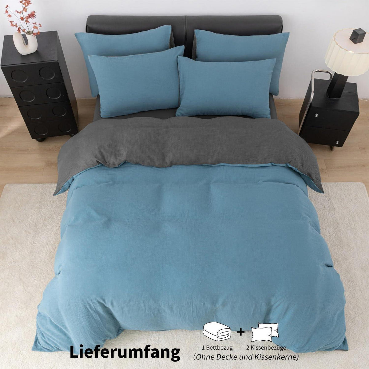 Doppelte Muslin Bettwäsche 220x240 Petrol Grau – 3-teilig