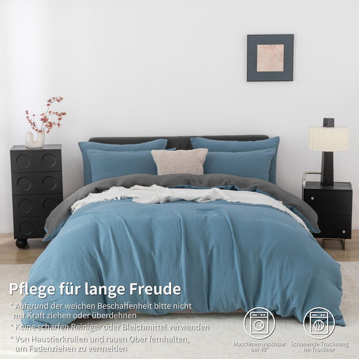 Doppelte Muslin Bettwäsche 220x240 Petrol Grau – 3-teilig