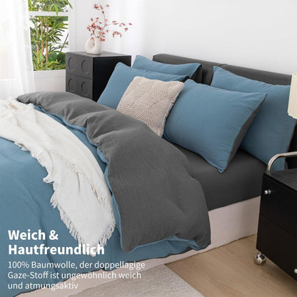 Doppelte Muslin Bettwäsche Petrol Grau 155x220 cm - 3-teilig