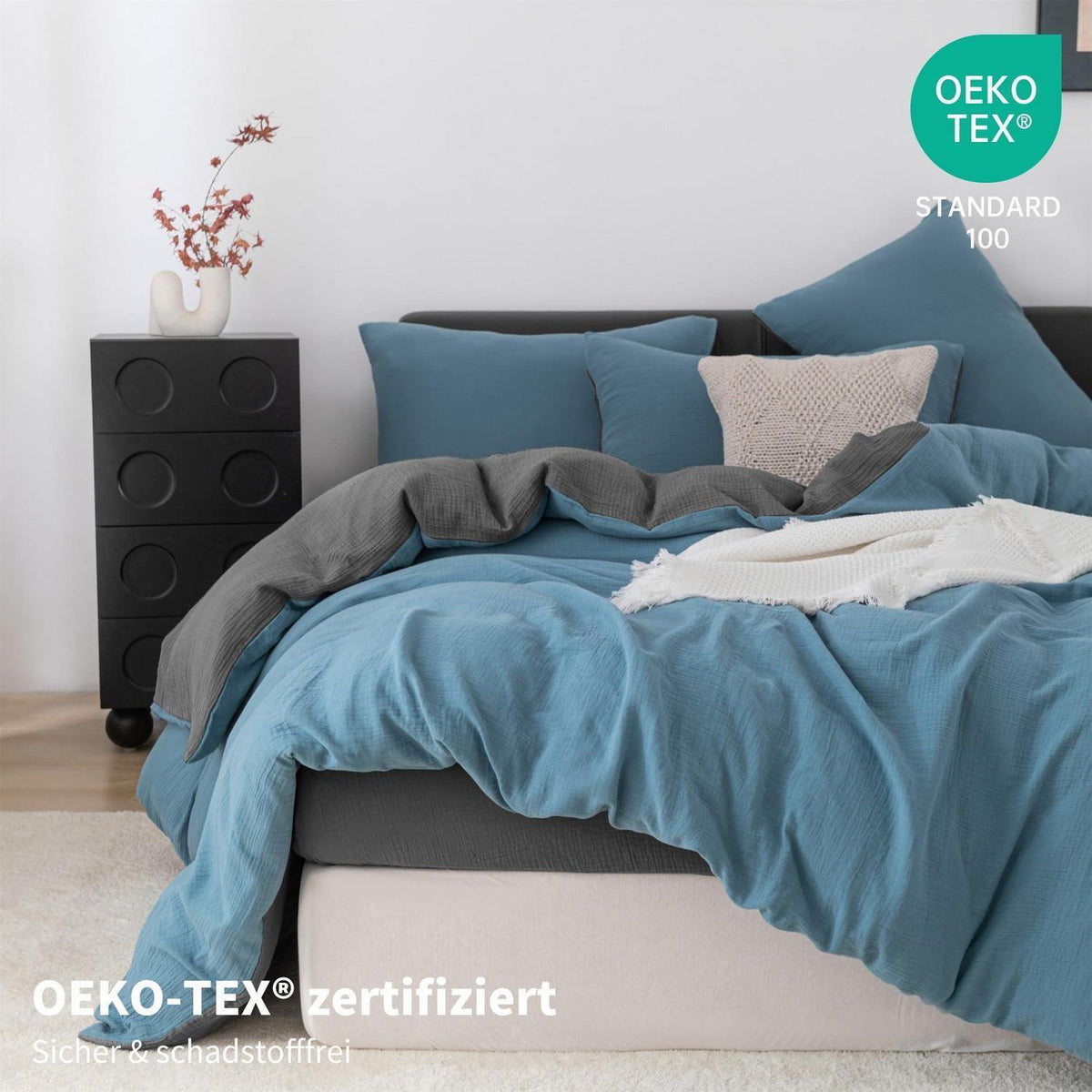 Doppelte Muslin Bettwäsche Petrol Grau 155x220 cm - 3-teilig