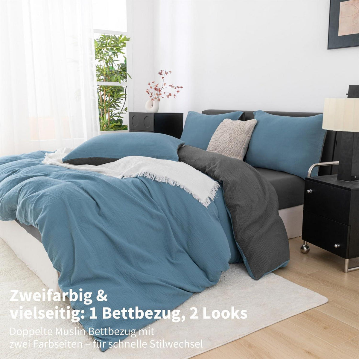Doppelte Muslin Bettwäsche Petrol Grau 155x220 cm - 3-teilig