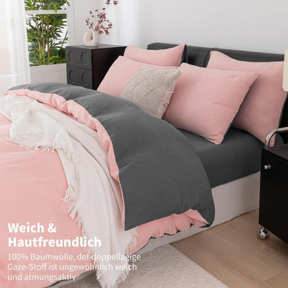 Doppelte Muslin Bettwäsche 220x240 Rosa Grau – Weich & Atmungsaktiv