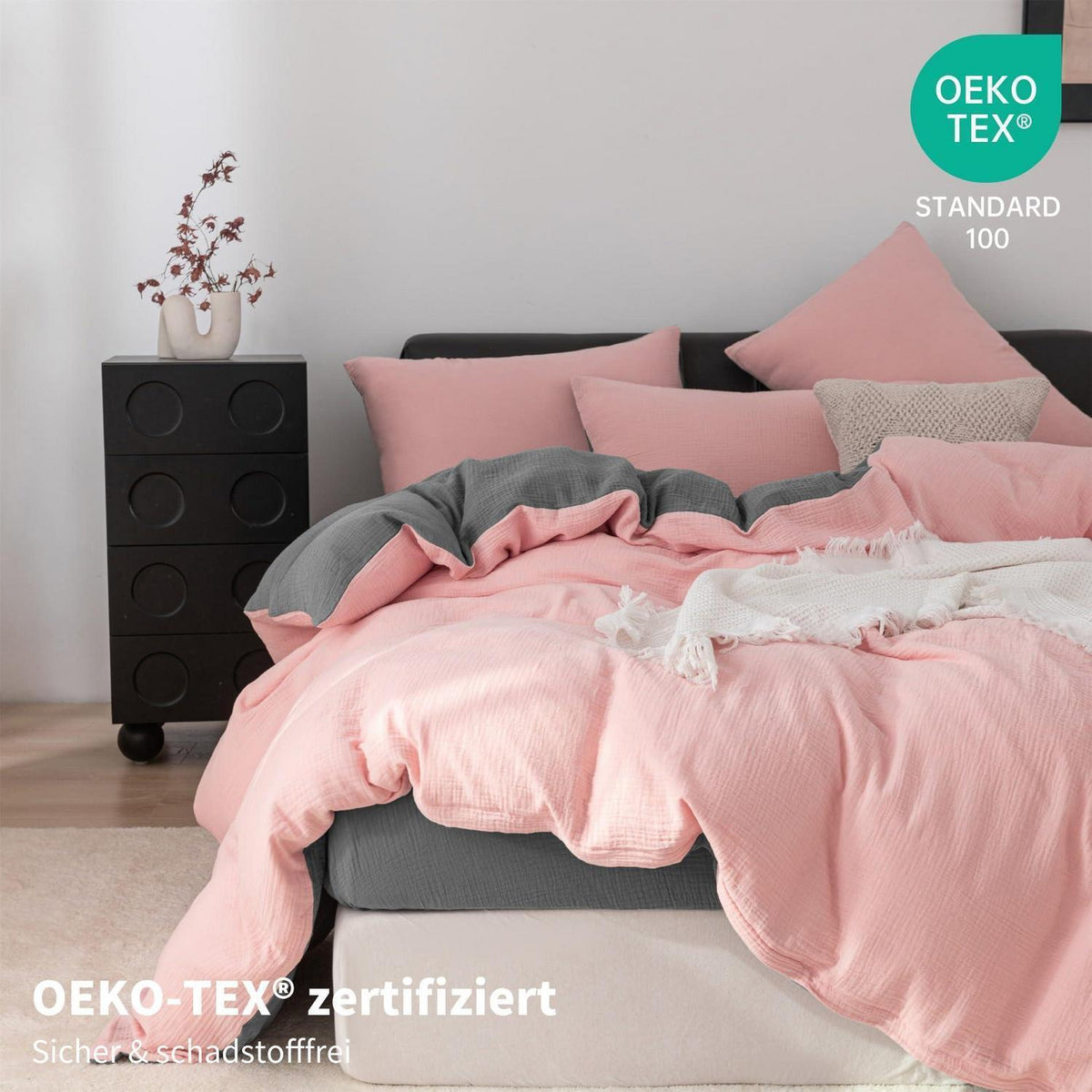 Doppelte Muslin Bettwäsche 200x200 Rosa Grau – Weich & Atmungsaktiv