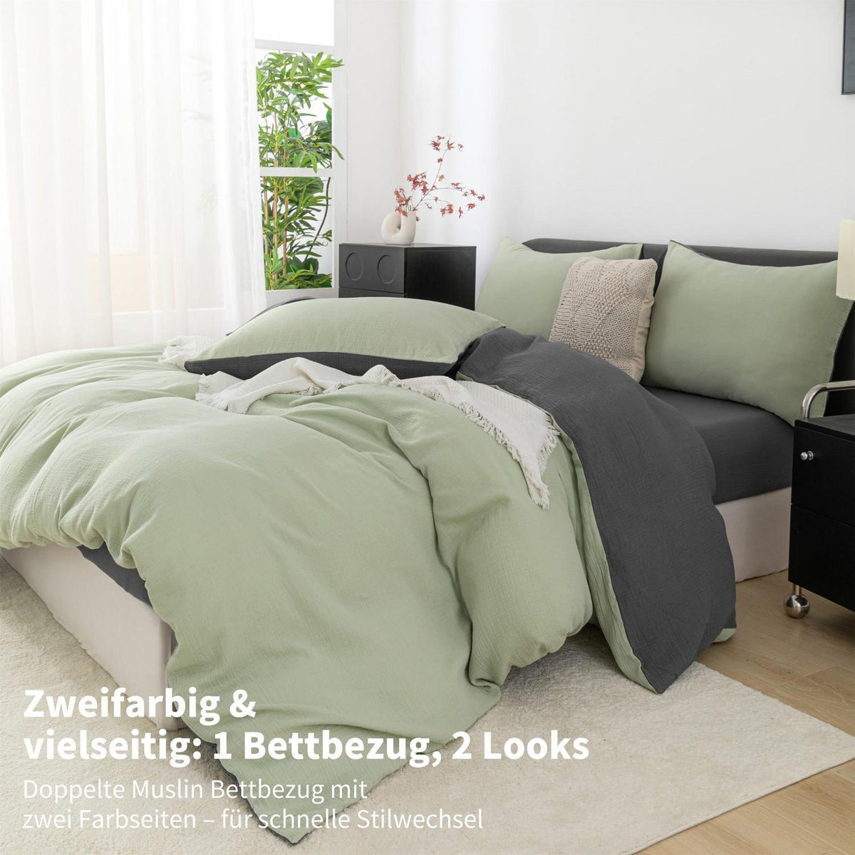 Doppelte Muslin Bettwäsche 200x200 Grün Grau – 3-teilig & Atmungsaktiv