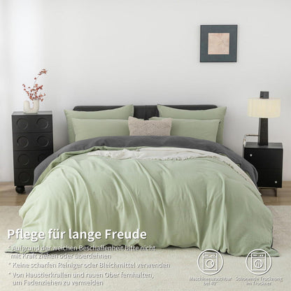 Doppelte Muslin Bettwäsche 200x200 Grün Grau – 3-teilig & Atmungsaktiv