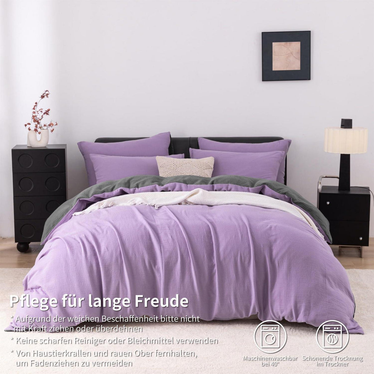 Doppelte Muslin Bettwäsche Lila Grau 155x220 cm - 3-teilig