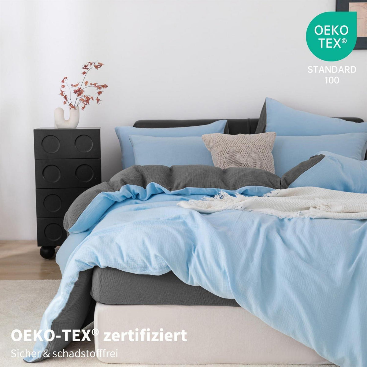 Doppelte Muslin Bettwäsche 155x220 Blau Grau – 3-teilig