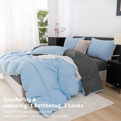 Doppelte Muslin Bettwäsche 155x220 Blau Grau – 3-teilig