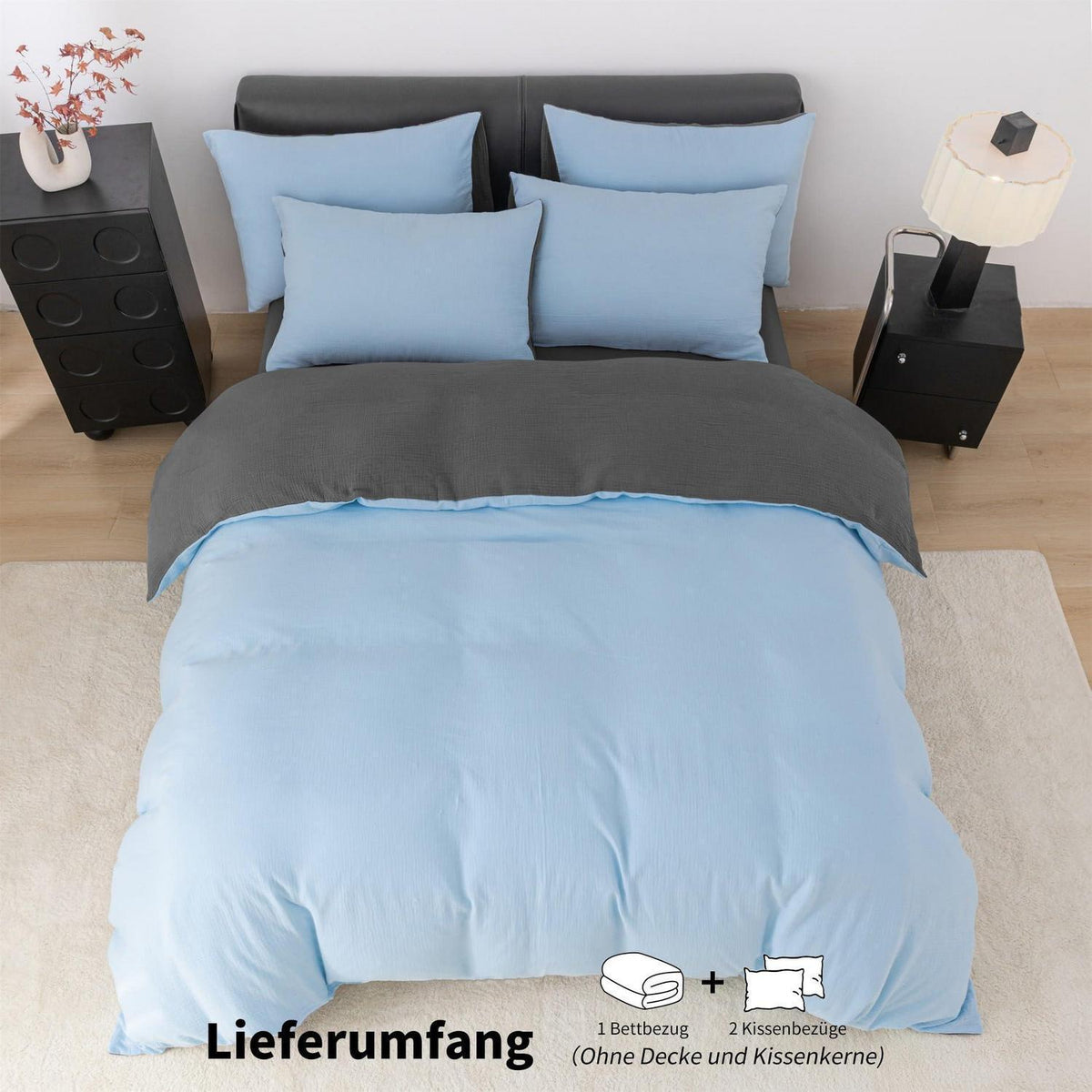 Doppelte Muslin Bettwäsche 155x220 Blau Grau – 3-teilig