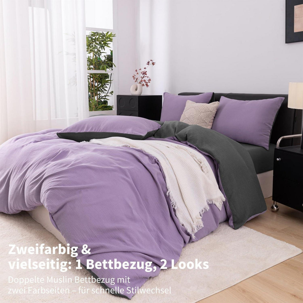 Doppelte Muslin Bettwäsche Lila Grau 220x240 cm - 3-teilig