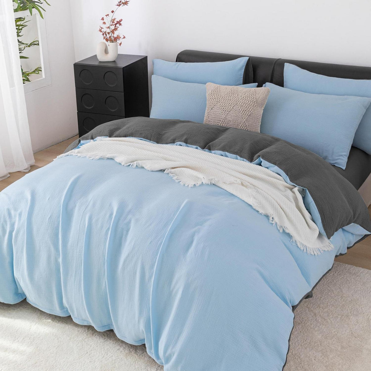 Doppelte Muslin Bettwäsche 200x220 Blau Grau – Weich & Atmungsaktiv