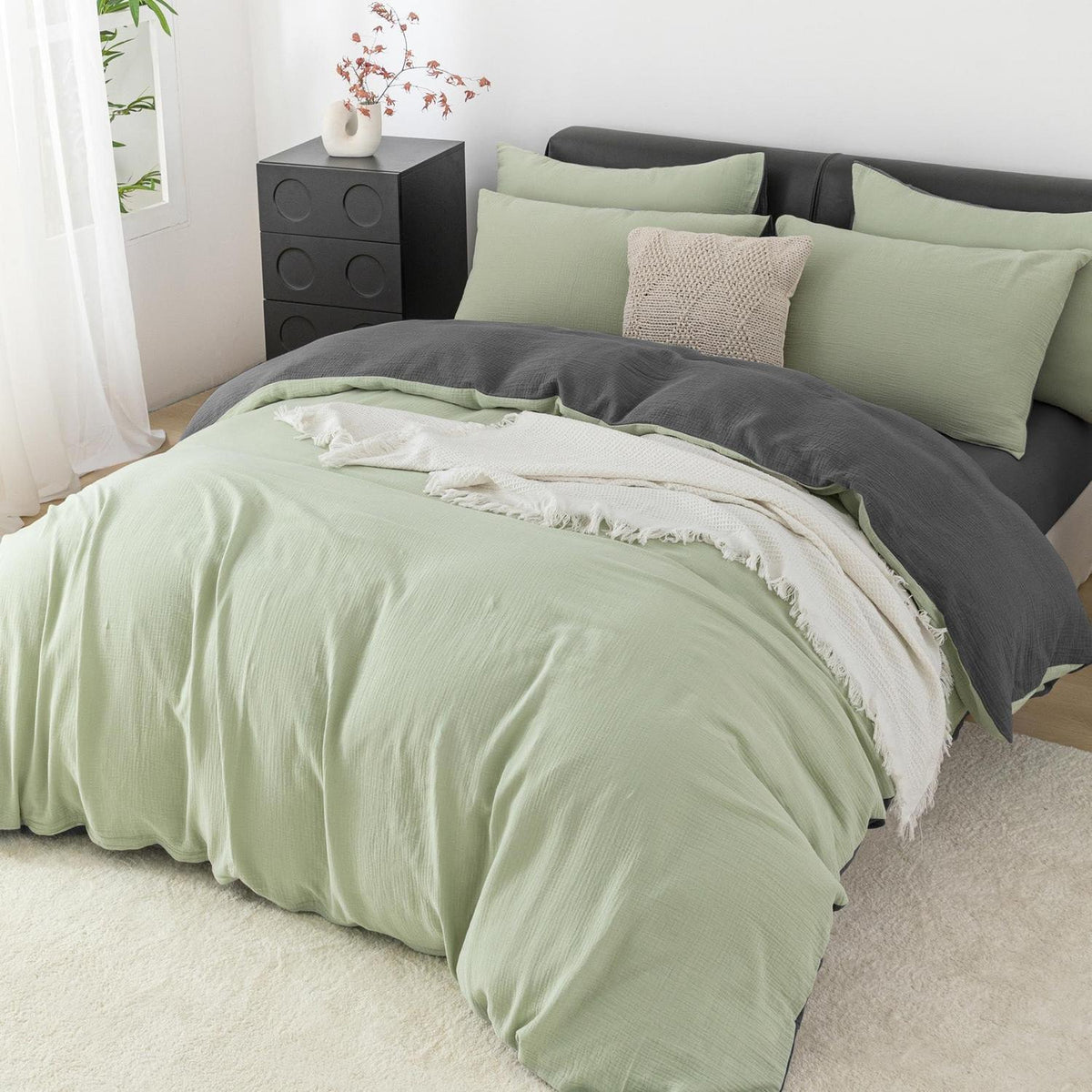 Doppelte Muslin Bettwäsche 155x220 Grün Grau – 3-teilig