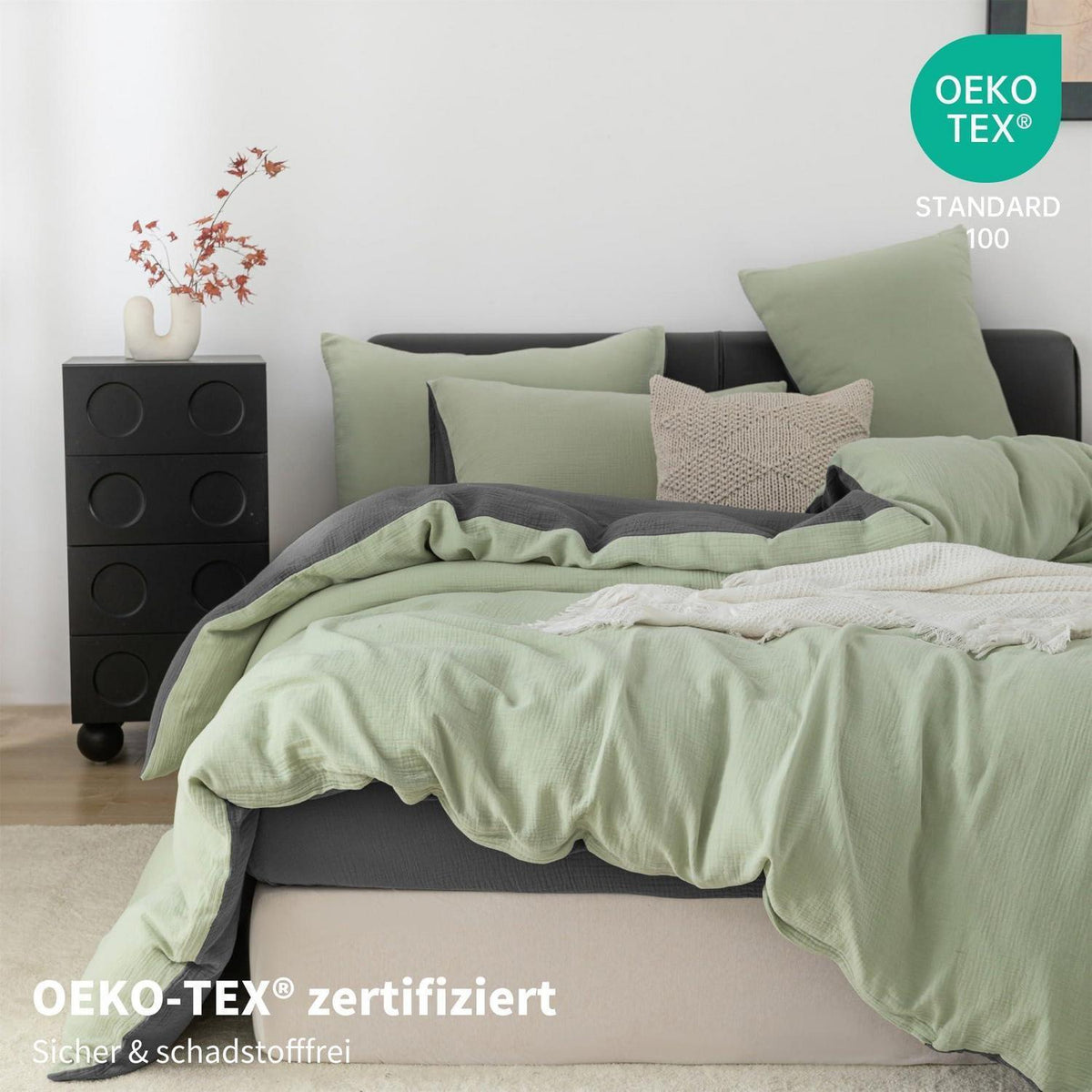 Doppelte Muslin Bettwäsche 155x220 Grün Grau – 3-teilig