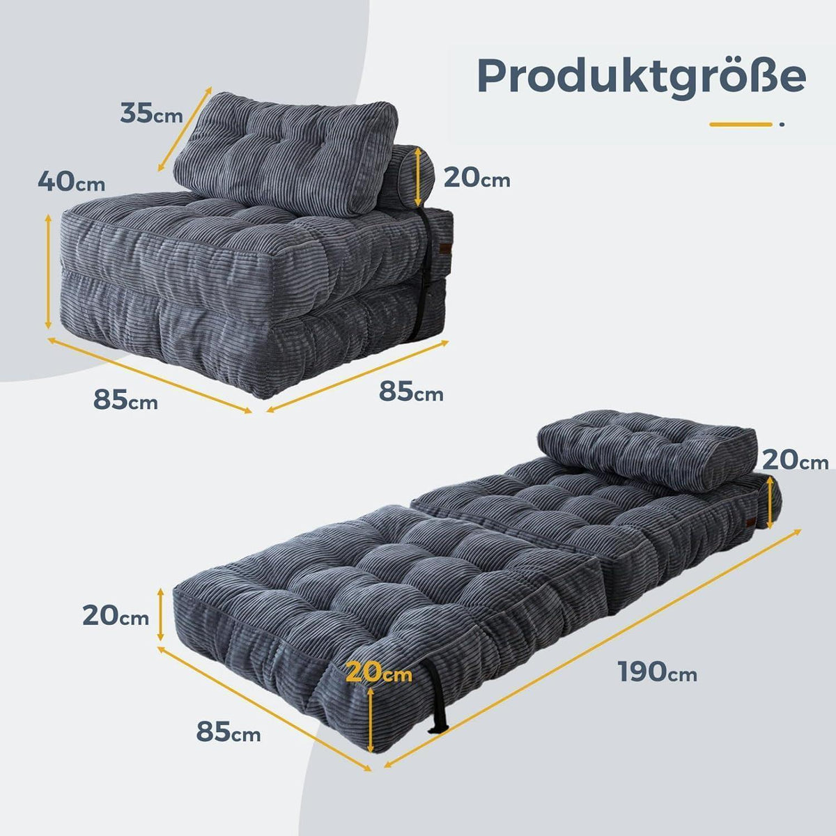 Faltbares Schlafsofa mit Kissen – Komfortables Bodensofa Grau