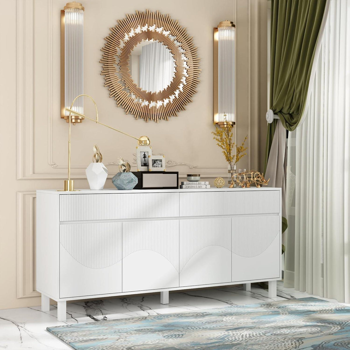 Weißes Sideboard mit 4 Türen & 2 Schubladen – Stauraumschrank 160x40x75cm