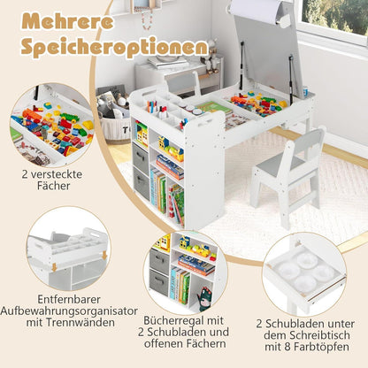 Kindertisch mit Stühlen und Stauraum, kippbar, Grau