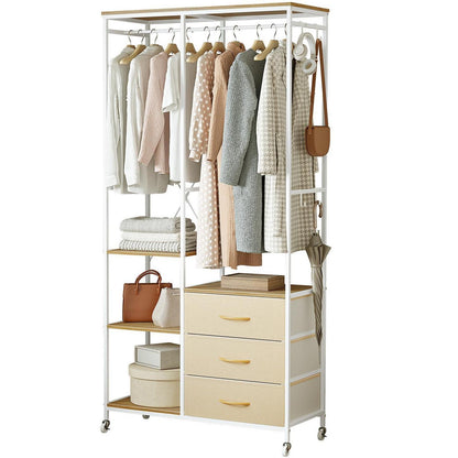 Fahrbarer Kleiderständer mit Schubladen & Haken – Beige