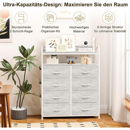 Kommode mit 8 Schubladen & Regalen – Schlafzimmer Organizer Weiß
